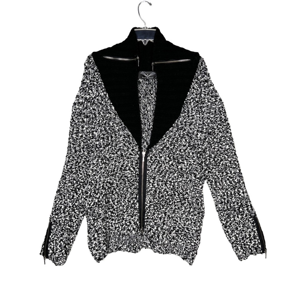 Wool Blend Front Zip Textured Knit Sweater